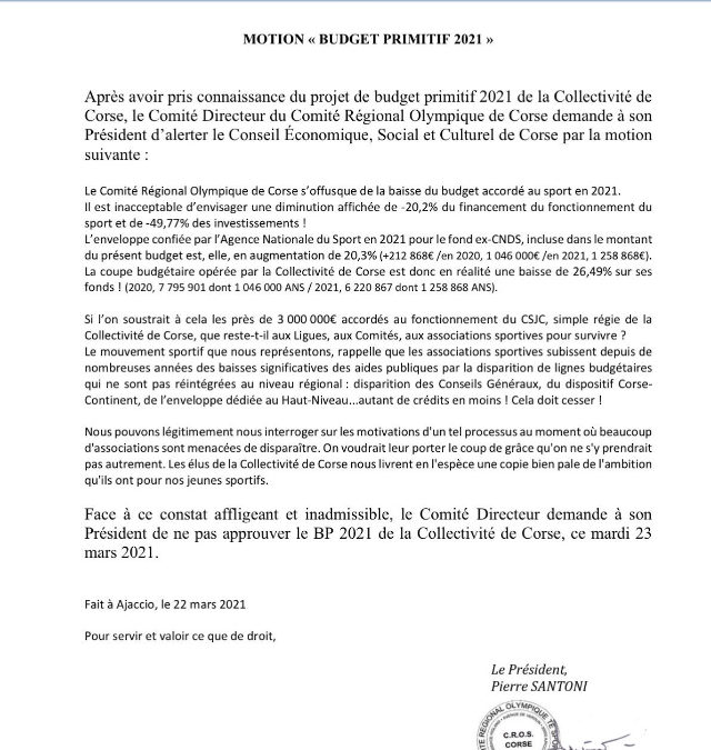 Motion du Comité Directeur du CROS Corse – BUDGET AU SPORT 2021